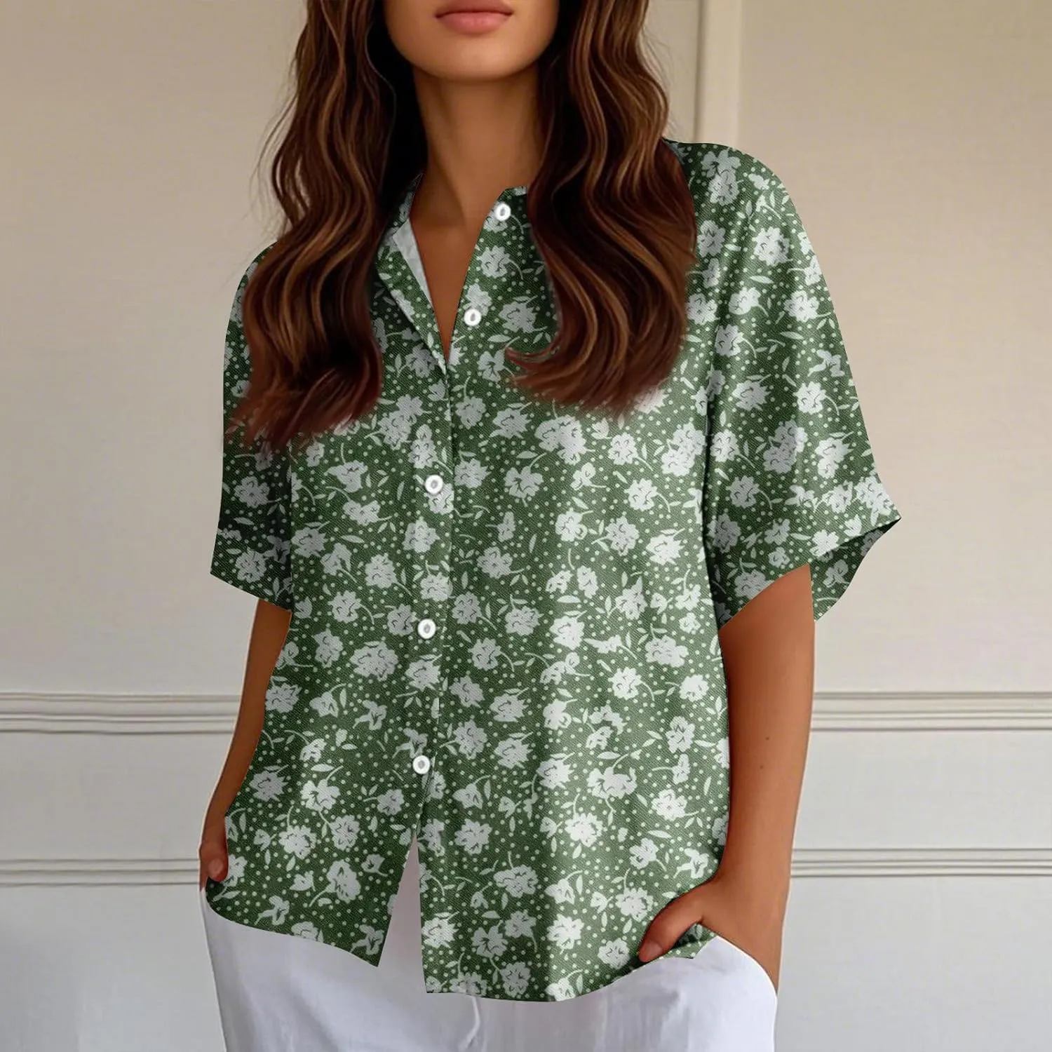 Womens Shirts Short Sleeve Trendy Button Down Blouse Summer Casual Linen Cute Shirts Floral Print V Neck Tops Collared