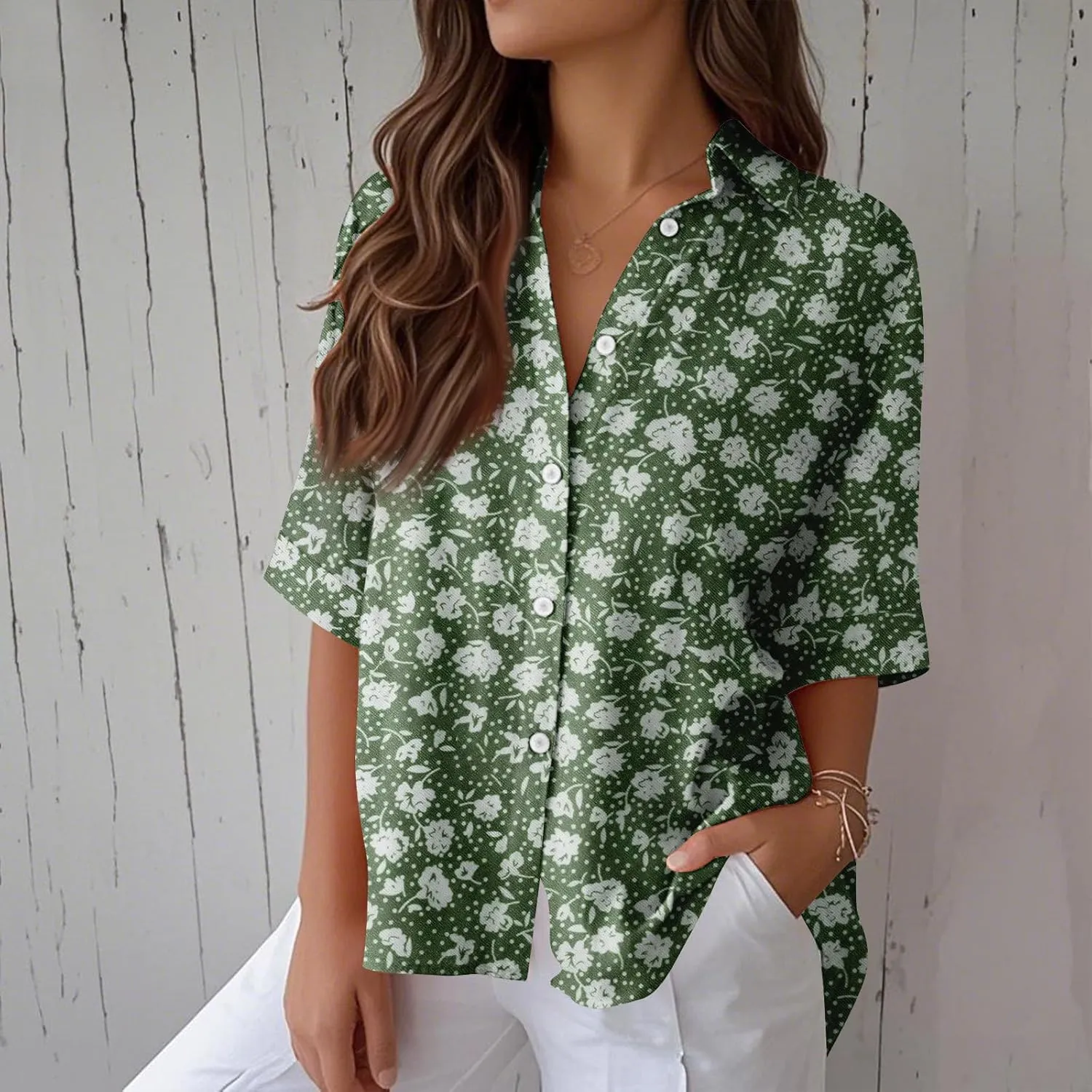 Womens Shirts Short Sleeve Trendy Button Down Blouse Summer Casual Linen Cute Shirts Floral Print V Neck Tops Collared