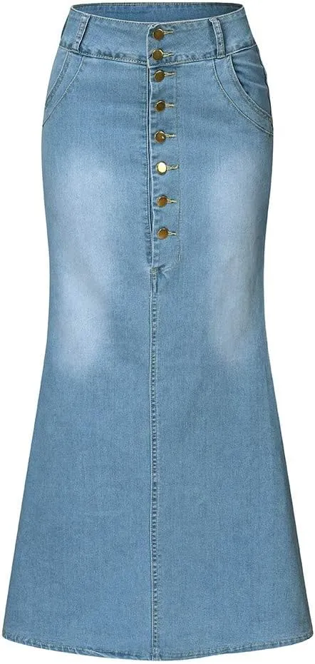Women's Skirt Pencil Skirt Long Front Washed Denim Jean A-Line Casual Button Skirt Toddler Ballet Denim Leotard