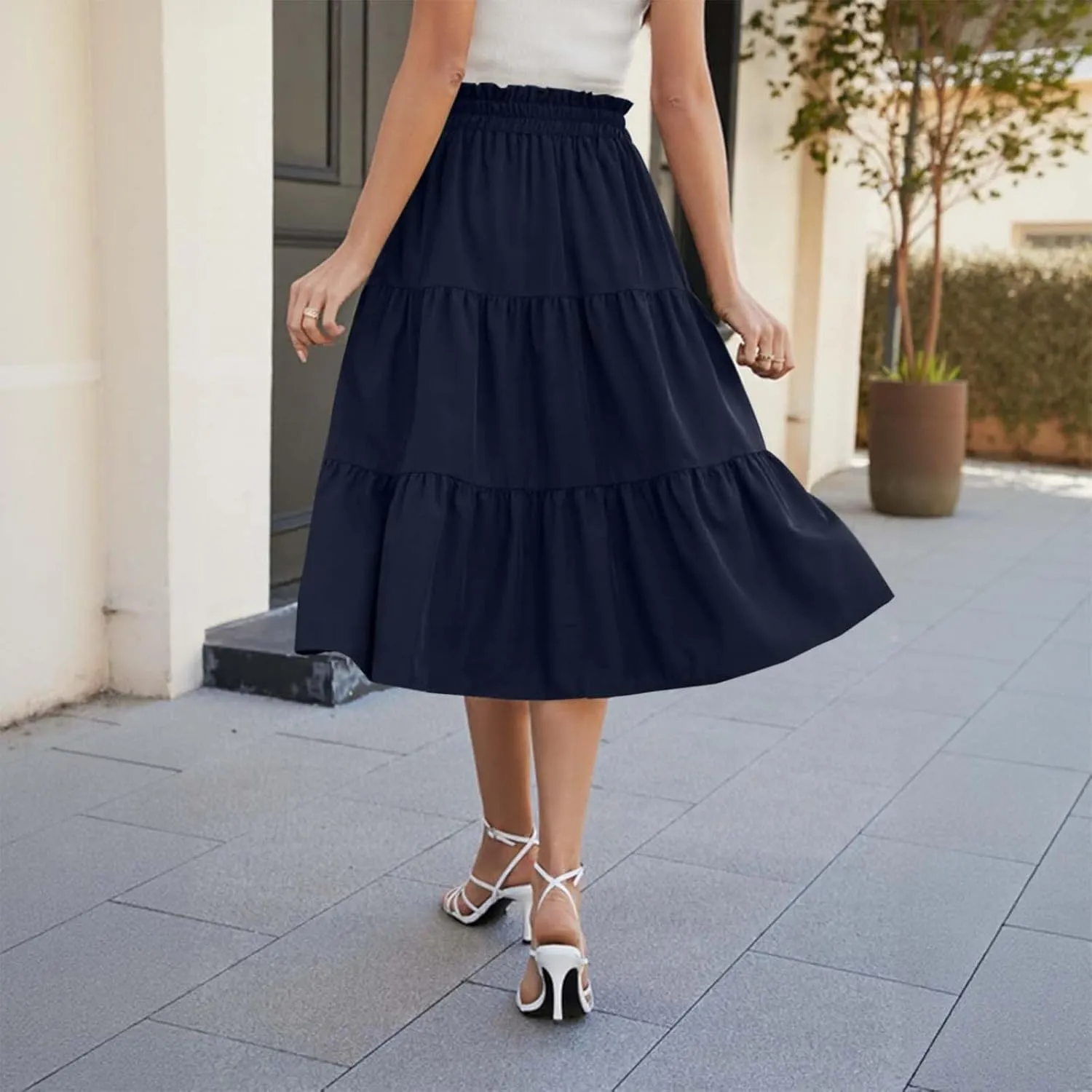 Womens Skirts for Summer Vacation Casual High Elastic Waist Drawstring Ruffles Tummy Control A-Line Loose Midi Skirts