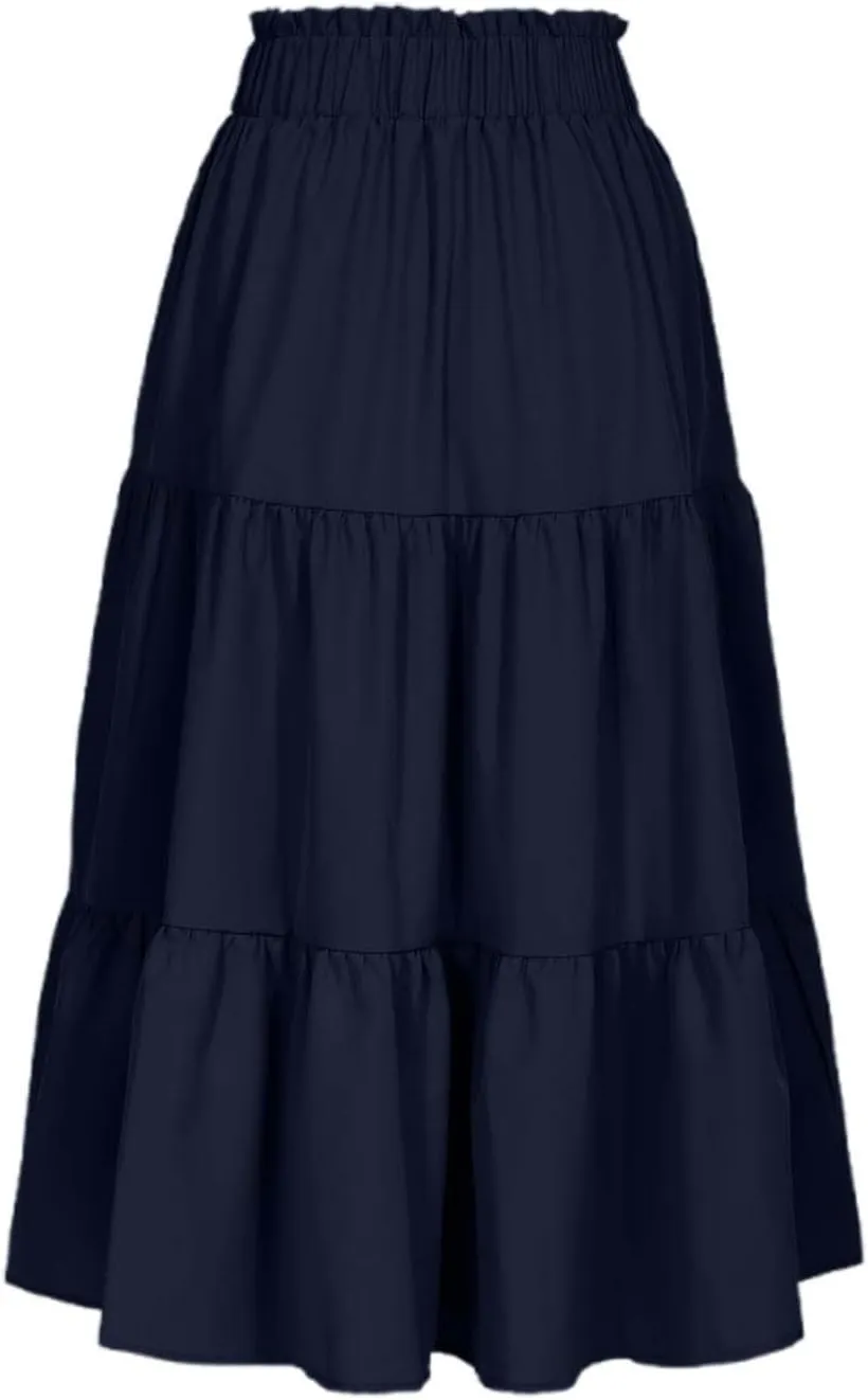 Womens Skirts for Summer Vacation Casual High Elastic Waist Drawstring Ruffles Tummy Control A-Line Loose Midi Skirts