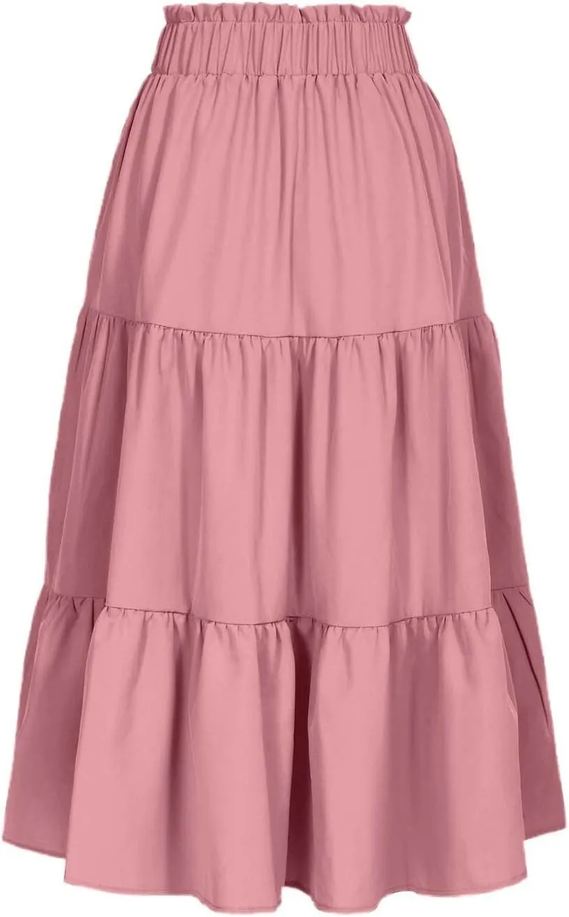 Womens Skirts for Summer Vacation Casual High Elastic Waist Drawstring Ruffles Tummy Control A-Line Loose Midi Skirts