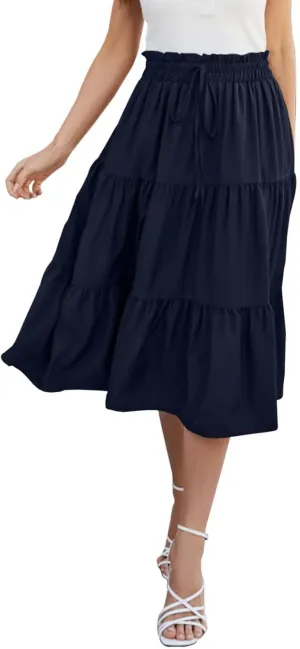 Womens Skirts for Summer Vacation Casual High Elastic Waist Drawstring Ruffles Tummy Control A-Line Loose Midi Skirts