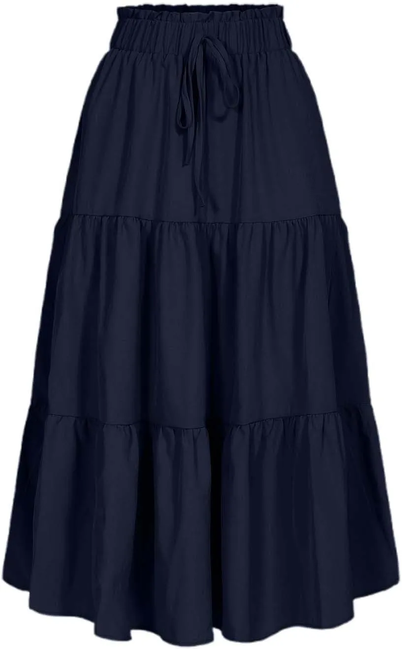 Womens Skirts for Summer Vacation Casual High Elastic Waist Drawstring Ruffles Tummy Control A-Line Loose Midi Skirts