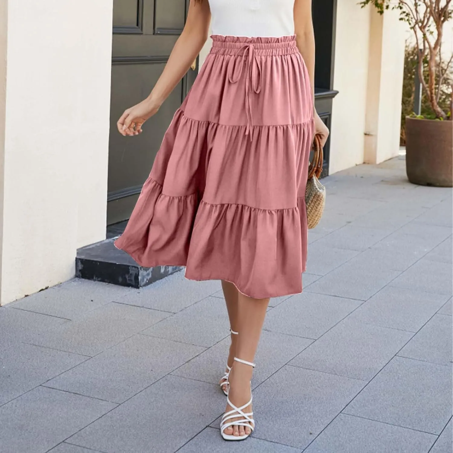 Womens Skirts for Summer Vacation Casual High Elastic Waist Drawstring Ruffles Tummy Control A-Line Loose Midi Skirts