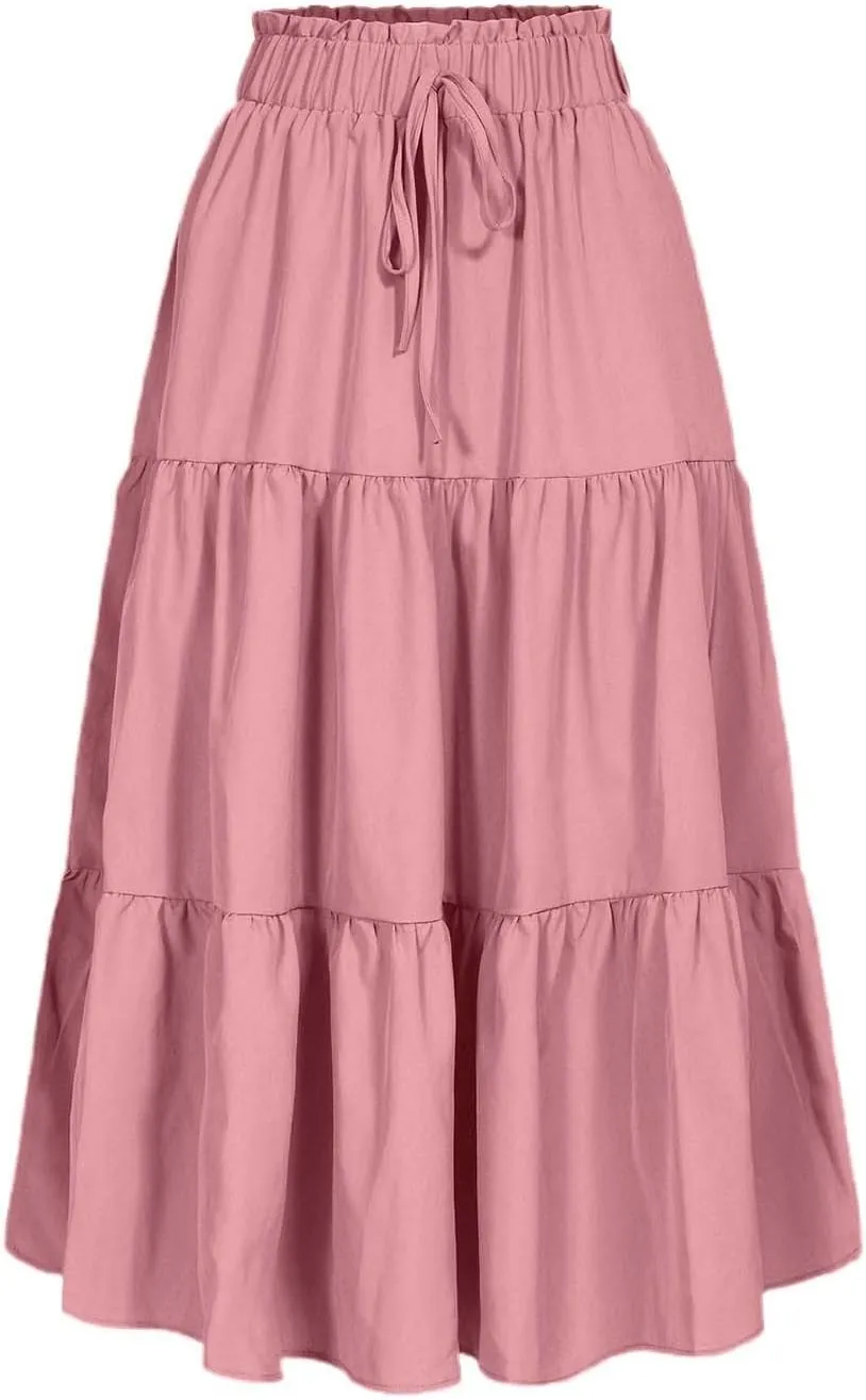 Womens Skirts for Summer Vacation Casual High Elastic Waist Drawstring Ruffles Tummy Control A-Line Loose Midi Skirts