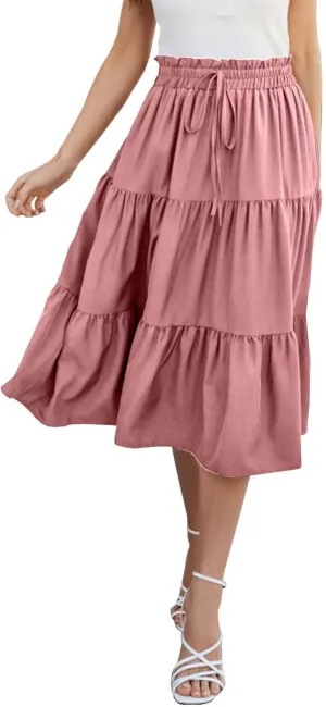 Womens Skirts for Summer Vacation Casual High Elastic Waist Drawstring Ruffles Tummy Control A-Line Loose Midi Skirts