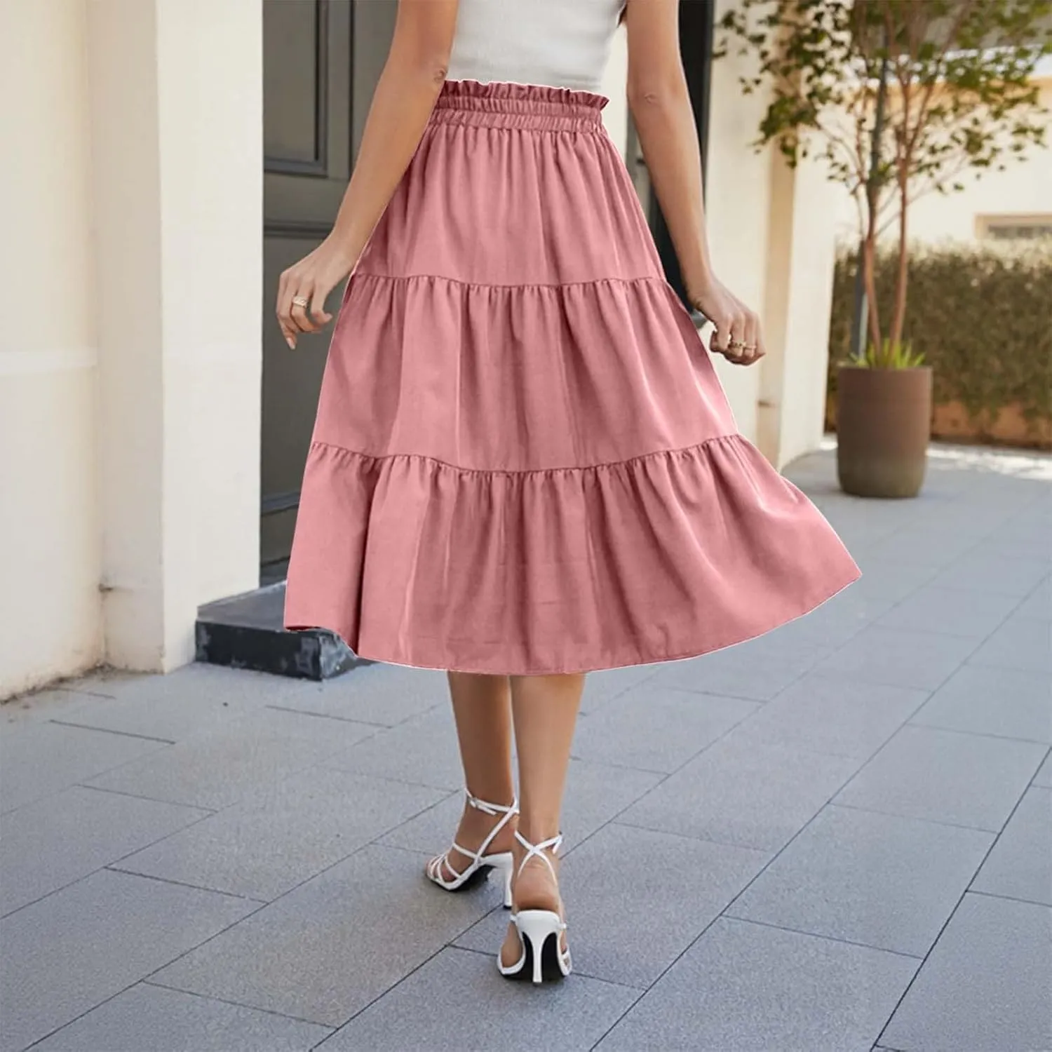 Womens Skirts for Summer Vacation Casual High Elastic Waist Drawstring Ruffles Tummy Control A-Line Loose Midi Skirts