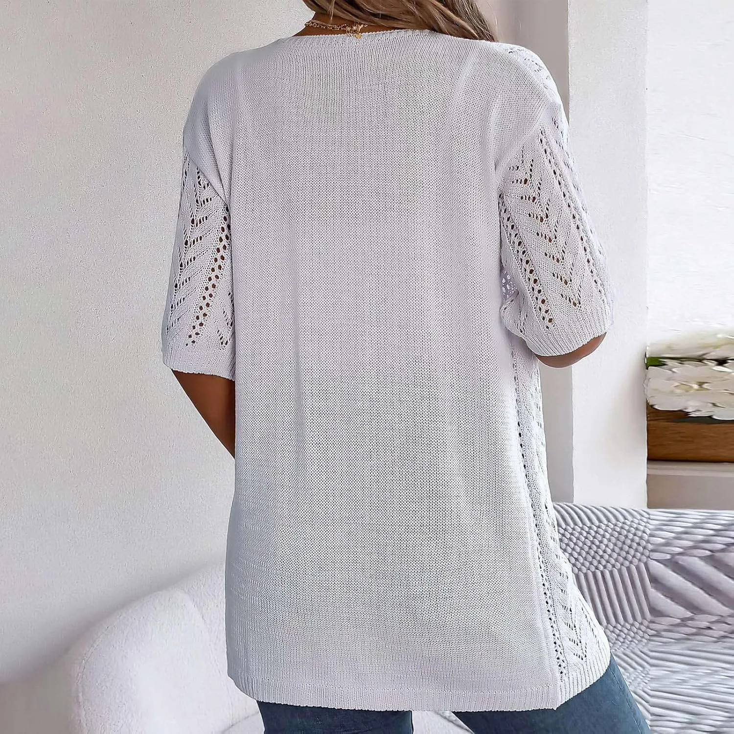 Women's Solid Color Summer Crochet Short Sleeve Knit Cardigan Lightweight Open Front Sun Boys V Neck Cardigan