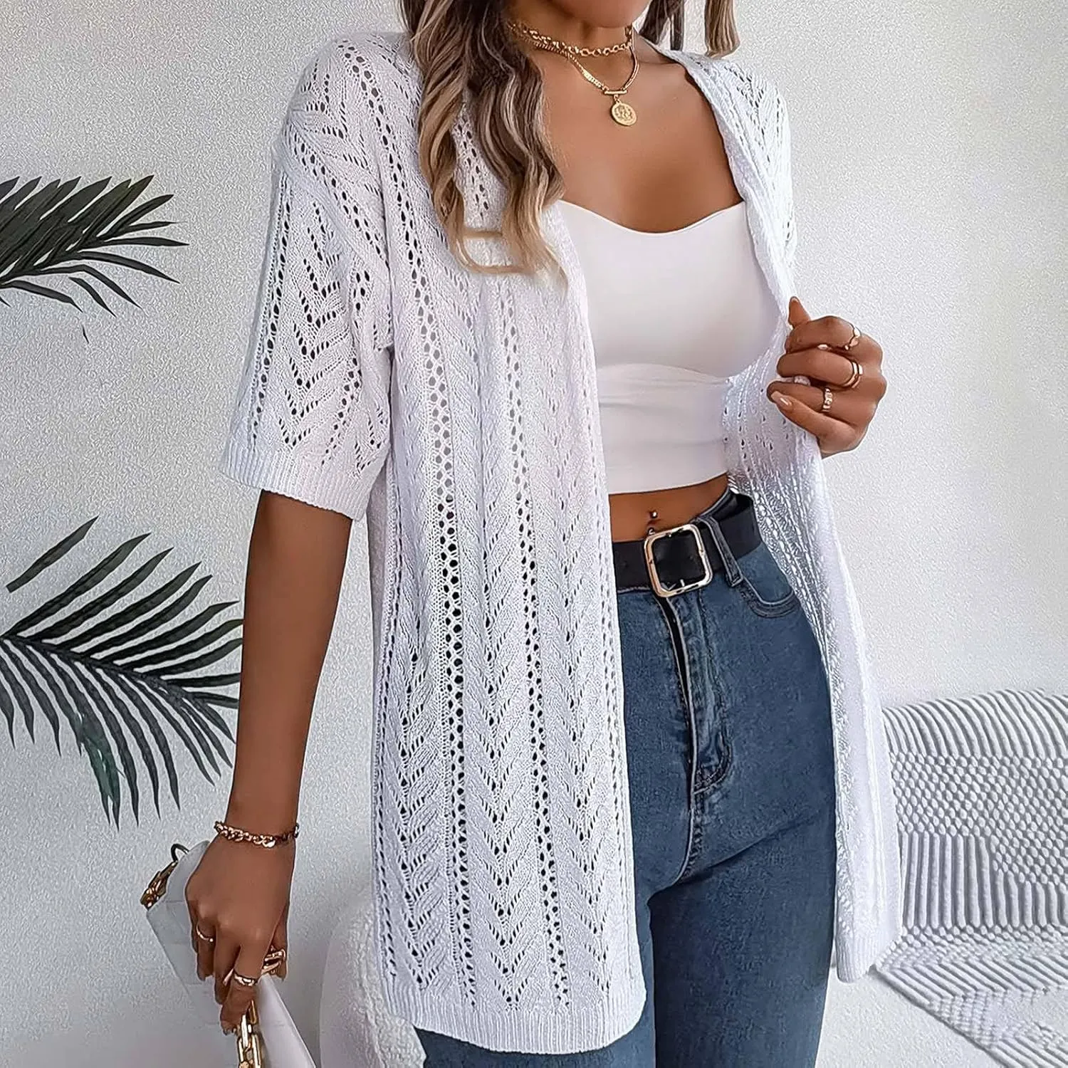 Women's Solid Color Summer Crochet Short Sleeve Knit Cardigan Lightweight Open Front Sun Boys V Neck Cardigan
