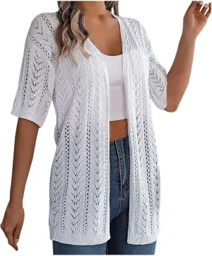 Women's Solid Color Summer Crochet Short Sleeve Knit Cardigan Lightweight Open Front Sun Boys V Neck Cardigan