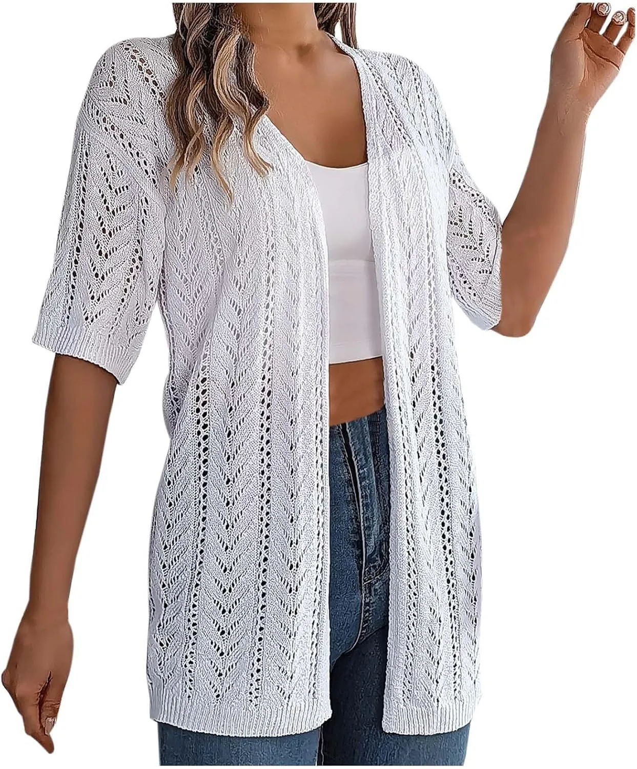 Women's Solid Color Summer Crochet Short Sleeve Knit Cardigan Lightweight Open Front Sun Boys V Neck Cardigan