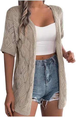 Women's Solid Color Summer Crochet Short Sleeve Knit Cardigan Lightweight Open Front Sun Cover Heavy Cardigan