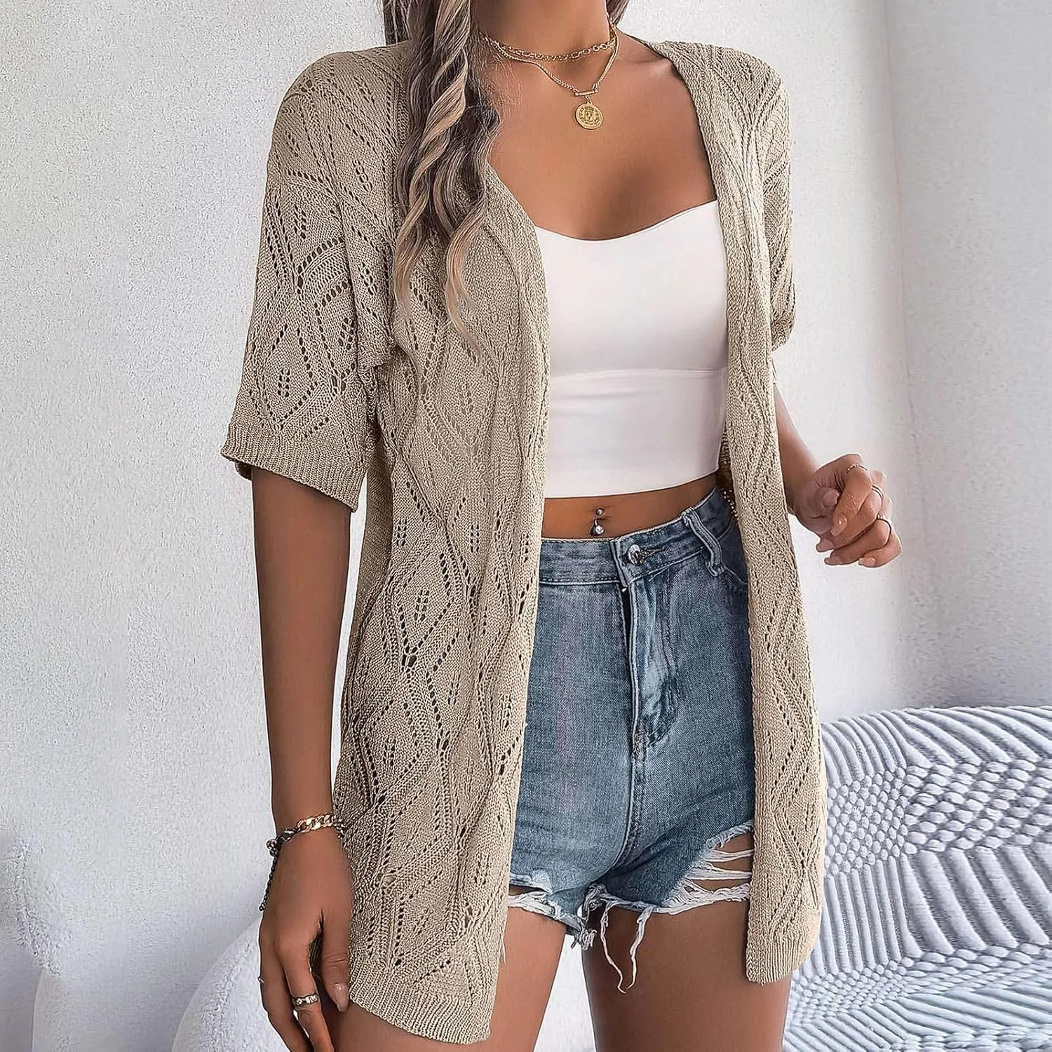 Women's Solid Color Summer Crochet Short Sleeve Knit Cardigan Lightweight Open Front Sun Cover Heavy Cardigan