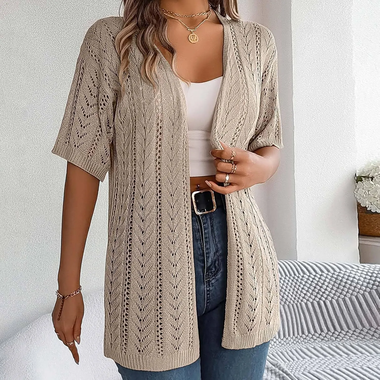 Women's Solid Color Summer Crochet Short Sleeve Knit Cardigan Lightweight Open Front Sun Cover Womens Floral