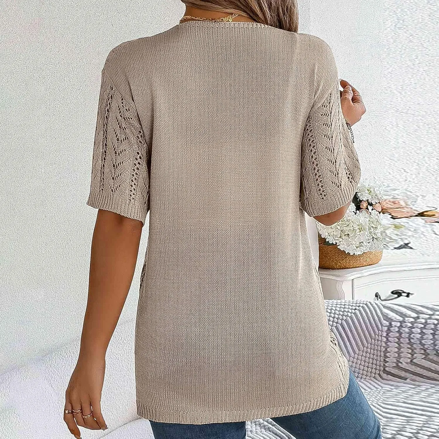 Women's Solid Color Summer Crochet Short Sleeve Knit Cardigan Lightweight Open Front Sun Cover Womens Floral