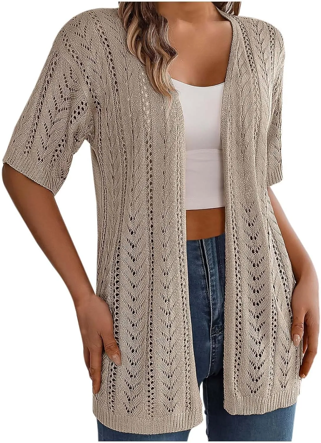 Women's Solid Color Summer Crochet Short Sleeve Knit Cardigan Lightweight Open Front Sun Cover Womens Floral