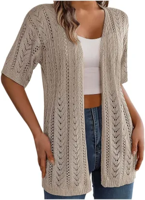 Women's Solid Color Summer Crochet Short Sleeve Knit Cardigan Lightweight Open Front Sun Cover Womens Floral