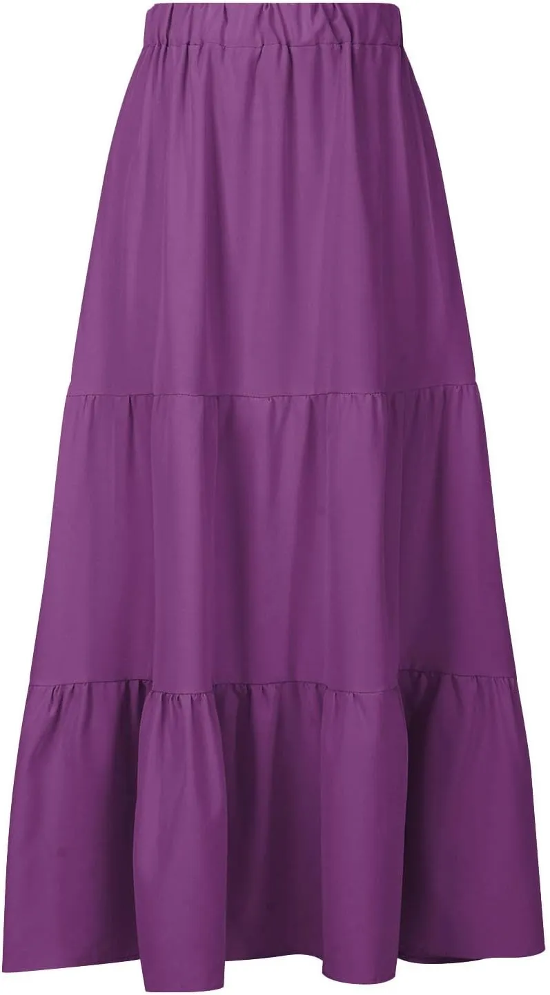 Women's Solid Ruched Maxi Skirt Comfy Elastic High Waist Lounge Skirts Fashion Flowy Swing Skirt with 2 Pokets