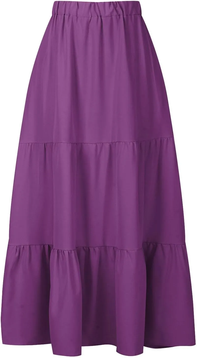 Women's Solid Ruched Maxi Skirt Comfy Elastic High Waist Lounge Skirts Fashion Flowy Swing Skirt with 2 Pokets