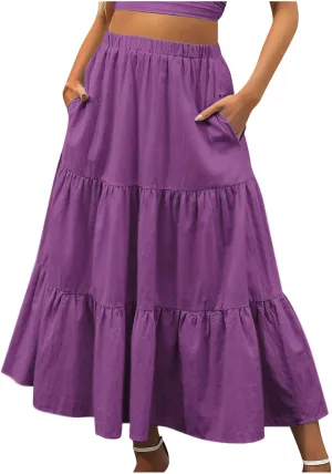 Women's Solid Ruched Maxi Skirt Comfy Elastic High Waist Lounge Skirts Fashion Flowy Swing Skirt with 2 Pokets