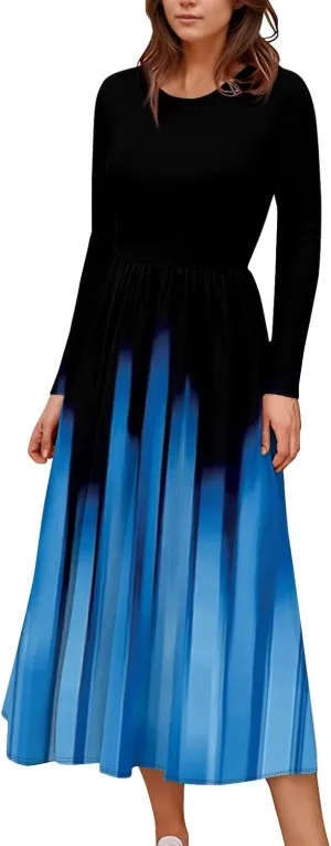 Womens Spring Dresses 2025 Midi Long Sleeve O Neck Ladies Teens Tea Length Vacation Fashion Swing Dress