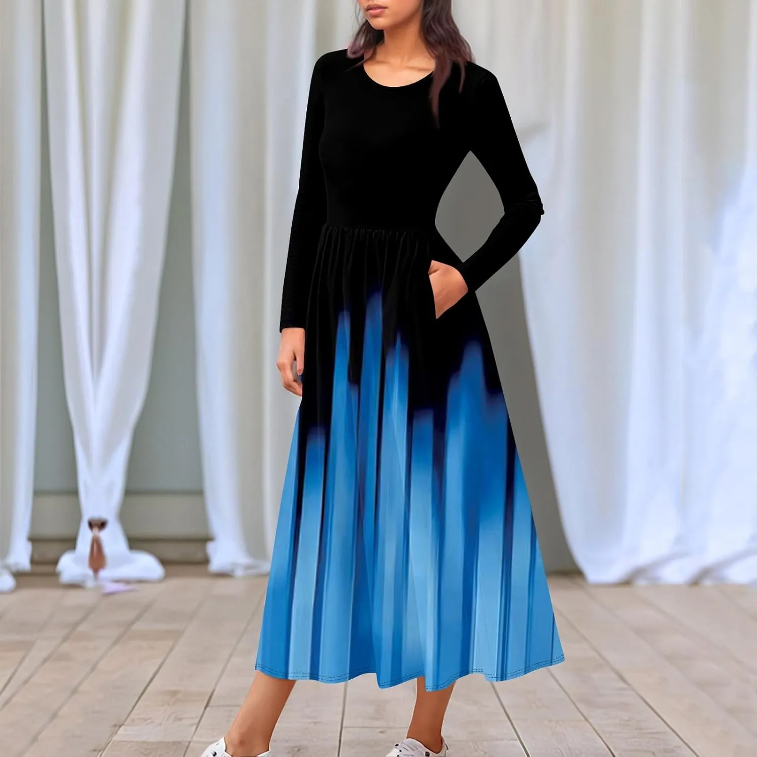 Womens Spring Dresses 2025 Midi Long Sleeve O Neck Ladies Teens Tea Length Vacation Fashion Swing Dress