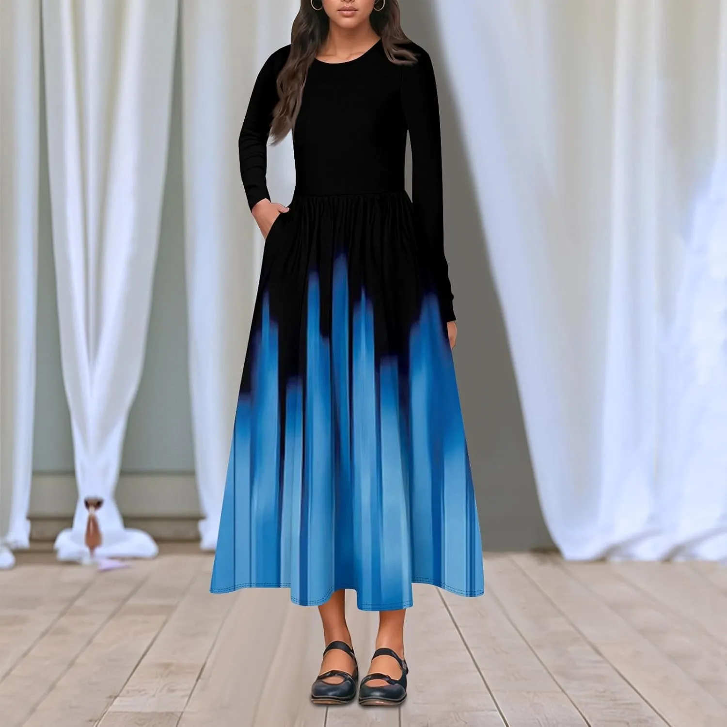 Womens Spring Dresses 2025 Midi Long Sleeve O Neck Ladies Teens Tea Length Vacation Fashion Swing Dress