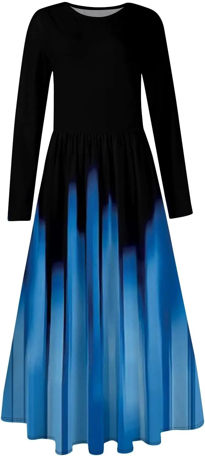 Womens Spring Dresses 2025 Midi Long Sleeve O Neck Ladies Teens Tea Length Vacation Fashion Swing Dress