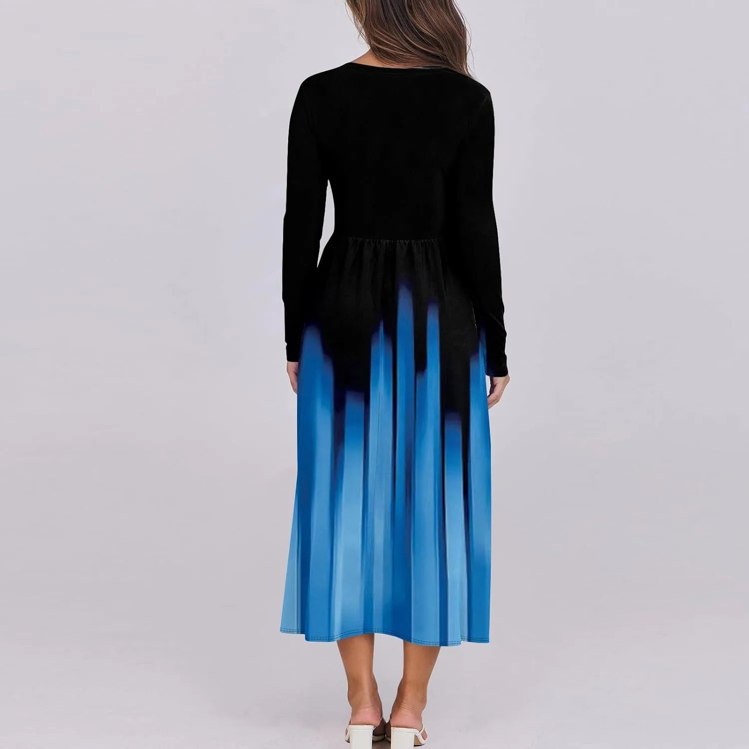 Womens Spring Dresses 2025 Midi Long Sleeve O Neck Ladies Teens Tea Length Vacation Fashion Swing Dress