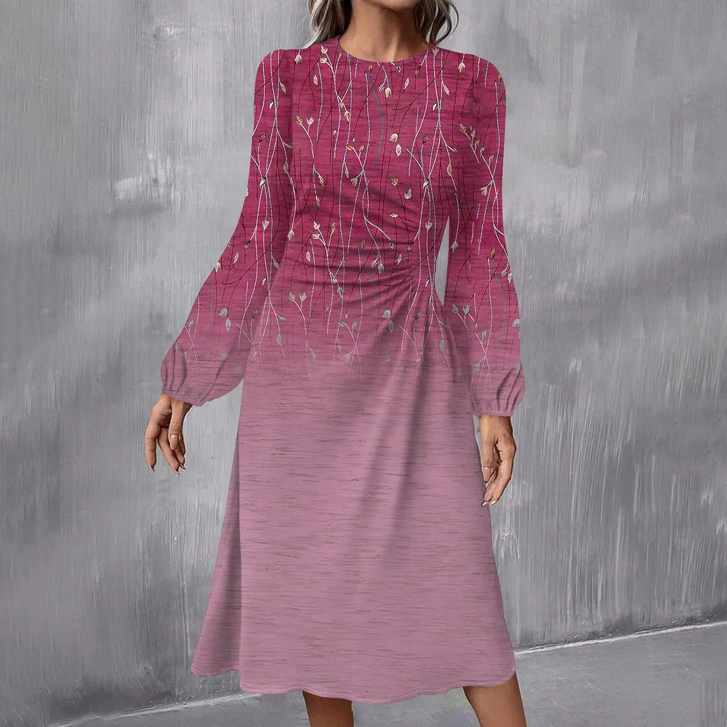 Womens Spring Dresses 2025 Midi Long Sleeve O Neck Work Tea Length Ladies Modest Western Curvy Dress
