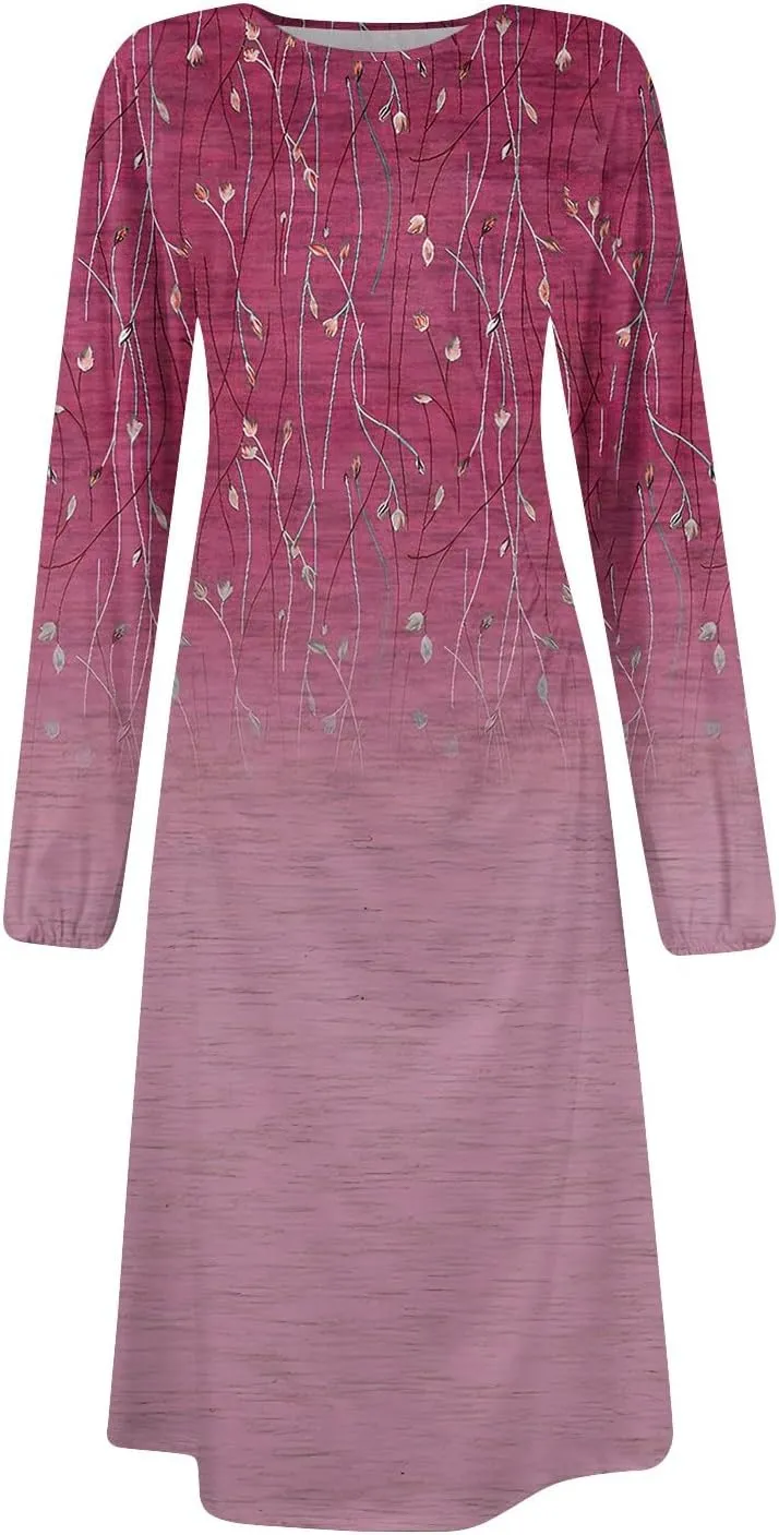 Womens Spring Dresses 2025 Midi Long Sleeve O Neck Work Tea Length Ladies Modest Western Curvy Dress