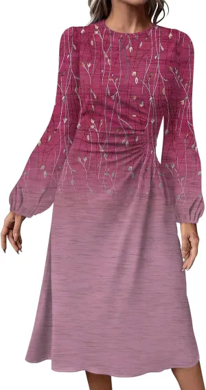 Womens Spring Dresses 2025 Midi Long Sleeve O Neck Work Tea Length Ladies Modest Western Curvy Dress