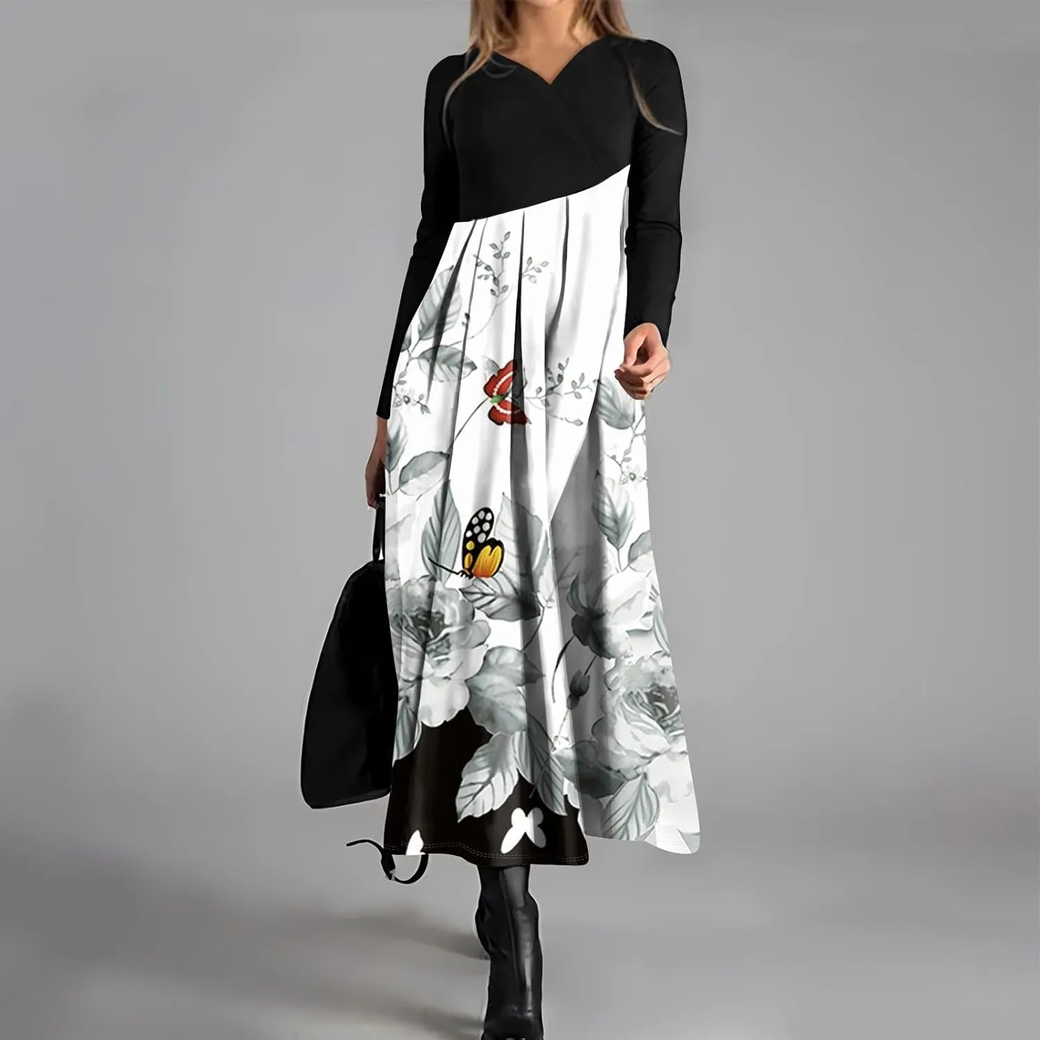 Womens Spring Fashion 2025 Dress Midi V Neck Long Sleeve Tea Length Boho Summer Trendy Western Curvy Dress