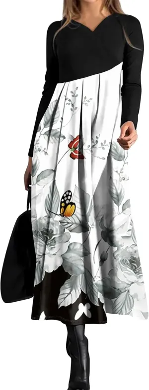 Womens Spring Fashion 2025 Dress Midi V Neck Long Sleeve Tea Length Boho Summer Trendy Western Curvy Dress