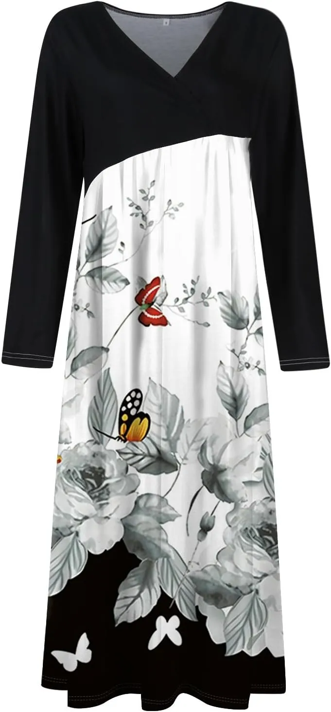 Womens Spring Fashion 2025 Dress Midi V Neck Long Sleeve Tea Length Boho Summer Trendy Western Curvy Dress