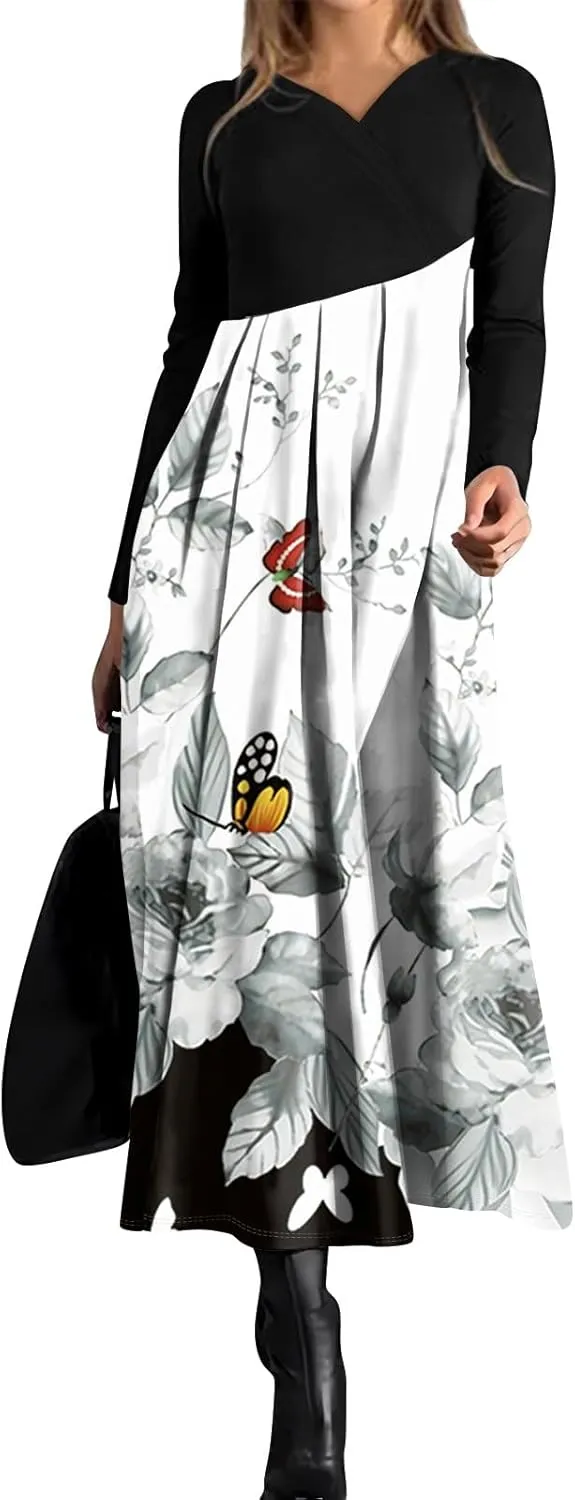Womens Spring Fashion 2025 Dress Midi V Neck Long Sleeve Tea Length Boho Summer Trendy Western Curvy Dress