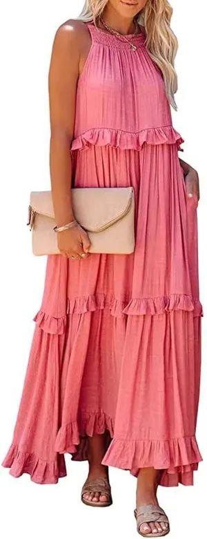 Women's Spring Maxi Dress 2025 Halter Sleeveless Tiered Beach Dress Casual Loose Swing Boho Smocked Ruffle Sundress