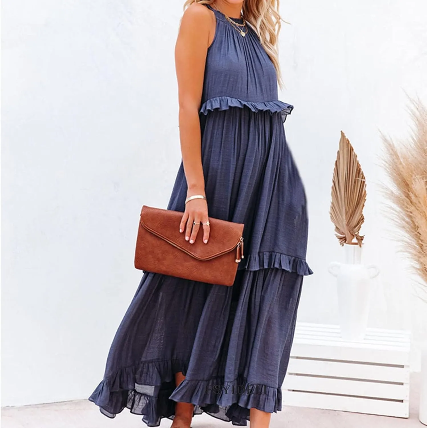 Women's Spring Maxi Dress 2025 Halter Sleeveless Tiered Beach Dress Casual Loose Swing Boho Smocked Ruffle Sundress