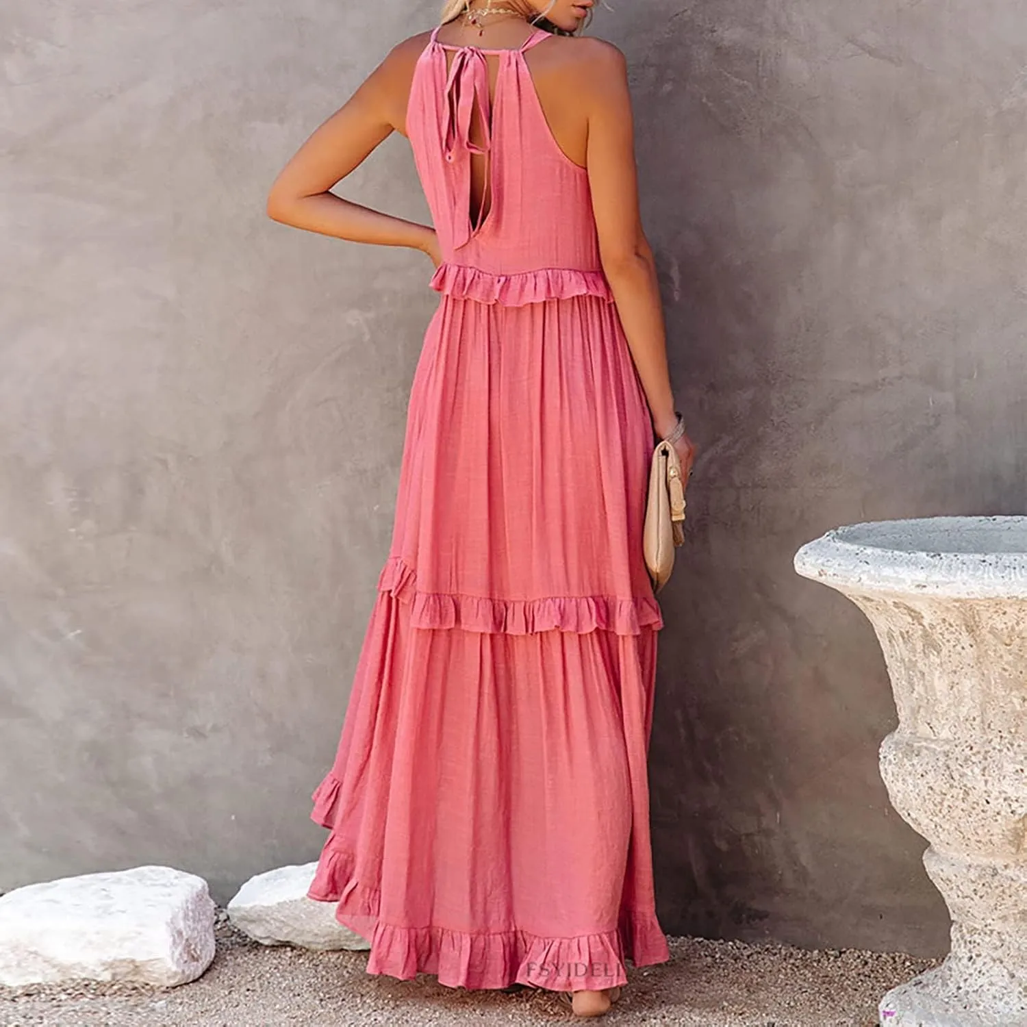Women's Spring Maxi Dress 2025 Halter Sleeveless Tiered Beach Dress Casual Loose Swing Boho Smocked Ruffle Sundress
