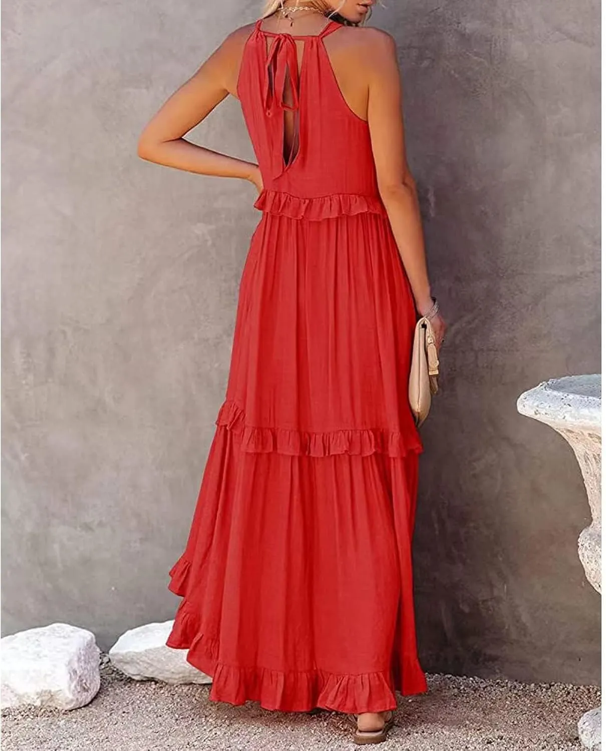 Women's Spring Maxi Dress 2025 Halter Sleeveless Tiered Beach Dress Casual Loose Swing Boho Smocked Ruffle Sundress