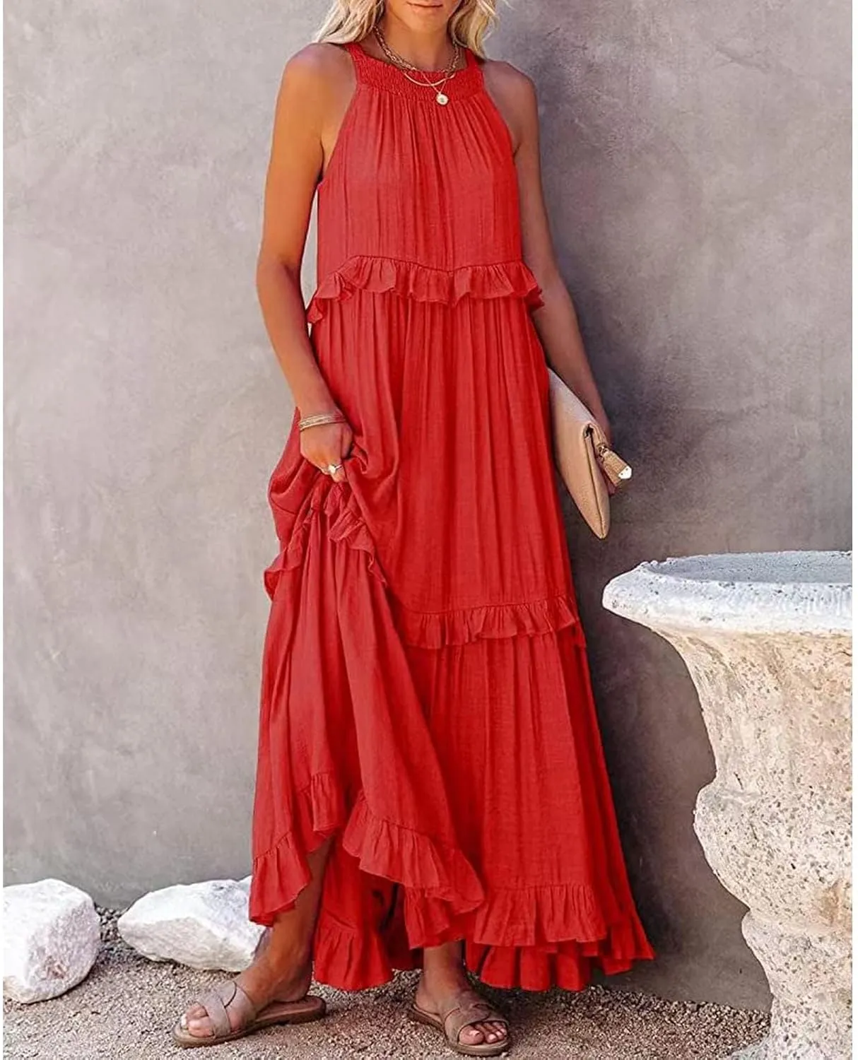 Women's Spring Maxi Dress 2025 Halter Sleeveless Tiered Beach Dress Casual Loose Swing Boho Smocked Ruffle Sundress