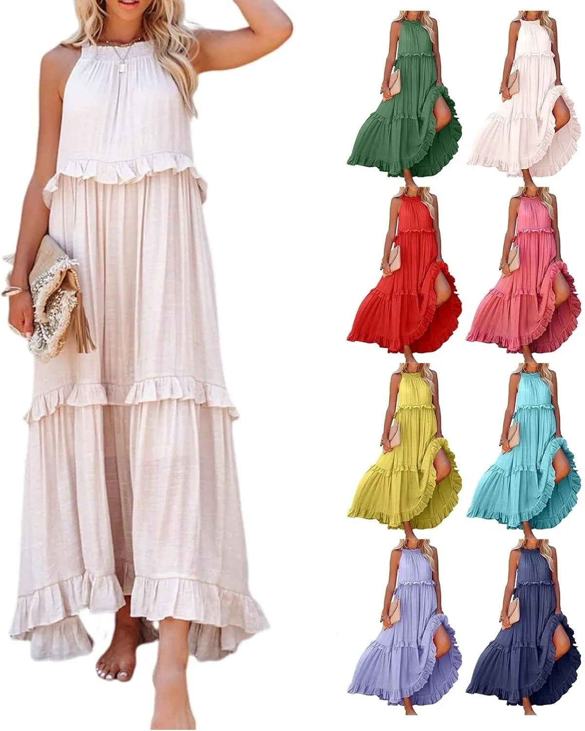 Women's Spring Maxi Dress 2025 Halter Sleeveless Tiered Beach Dress Casual Loose Swing Boho Smocked Ruffle Sundress