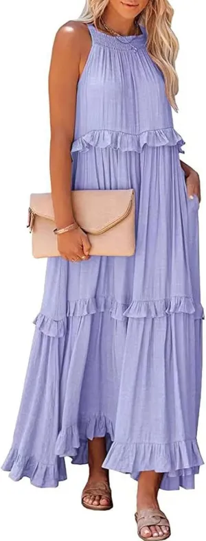 Women's Spring Maxi Dress 2025 Halter Sleeveless Tiered Beach Dress Casual Loose Swing Boho Smocked Ruffle Sundress