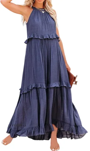 Women's Spring Maxi Dress 2025 Halter Sleeveless Tiered Beach Dress Casual Loose Swing Boho Smocked Ruffle Sundress