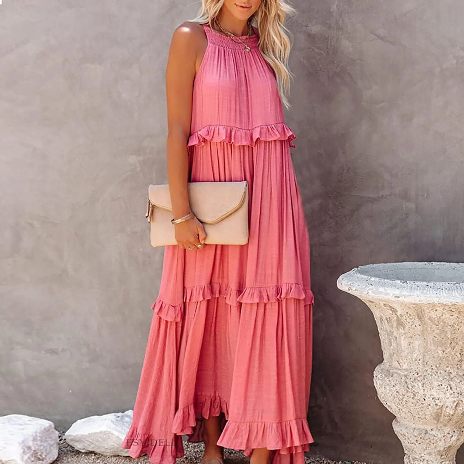 Women's Spring Maxi Dress 2025 Halter Sleeveless Tiered Beach Dress Casual Loose Swing Boho Smocked Ruffle Sundress