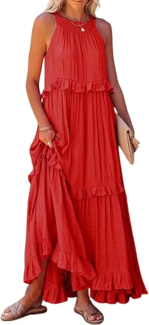 Women's Spring Maxi Dress 2025 Halter Sleeveless Tiered Beach Dress Casual Loose Swing Boho Smocked Ruffle Sundress