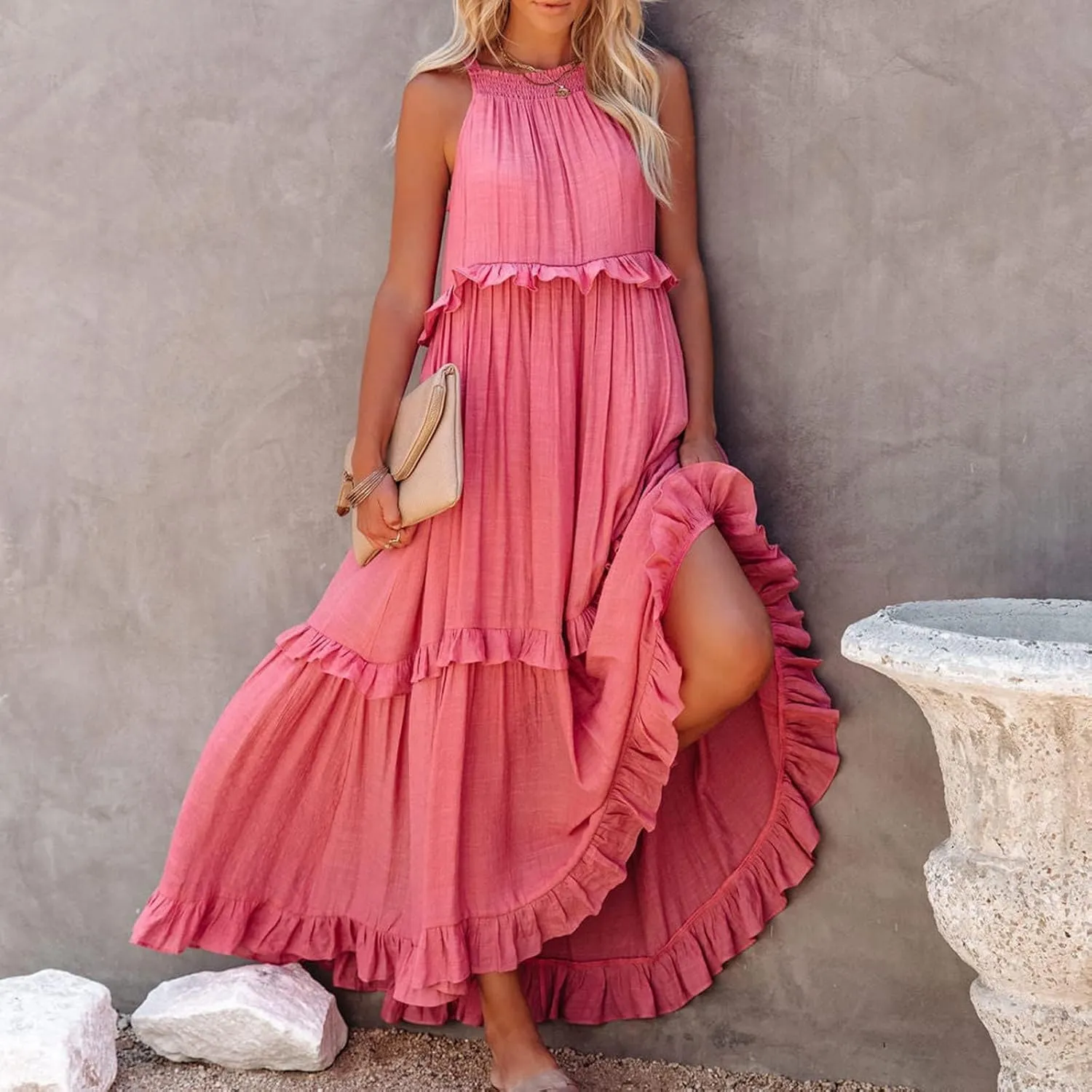 Women's Spring Maxi Dress 2025 Halter Sleeveless Tiered Beach Dress Casual Loose Swing Boho Smocked Ruffle Sundress
