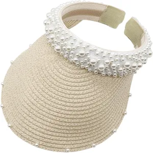 Womens Straw Sun Visor Cap Foldable Summer Beach Visors Hat for Women Solid Pearls Hats