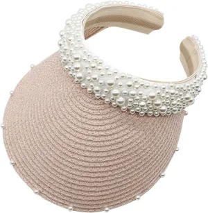 Womens Straw Sun Visor Cap Foldable Summer Beach Visors Hat for Women Solid Pearls Hats